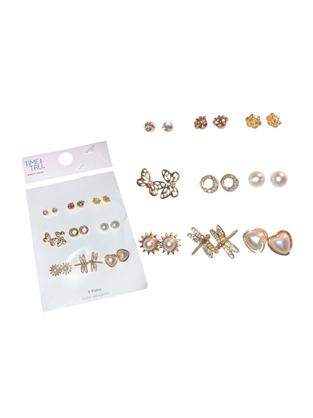 Stud Earrings With Butterfly, Heart And Pearl